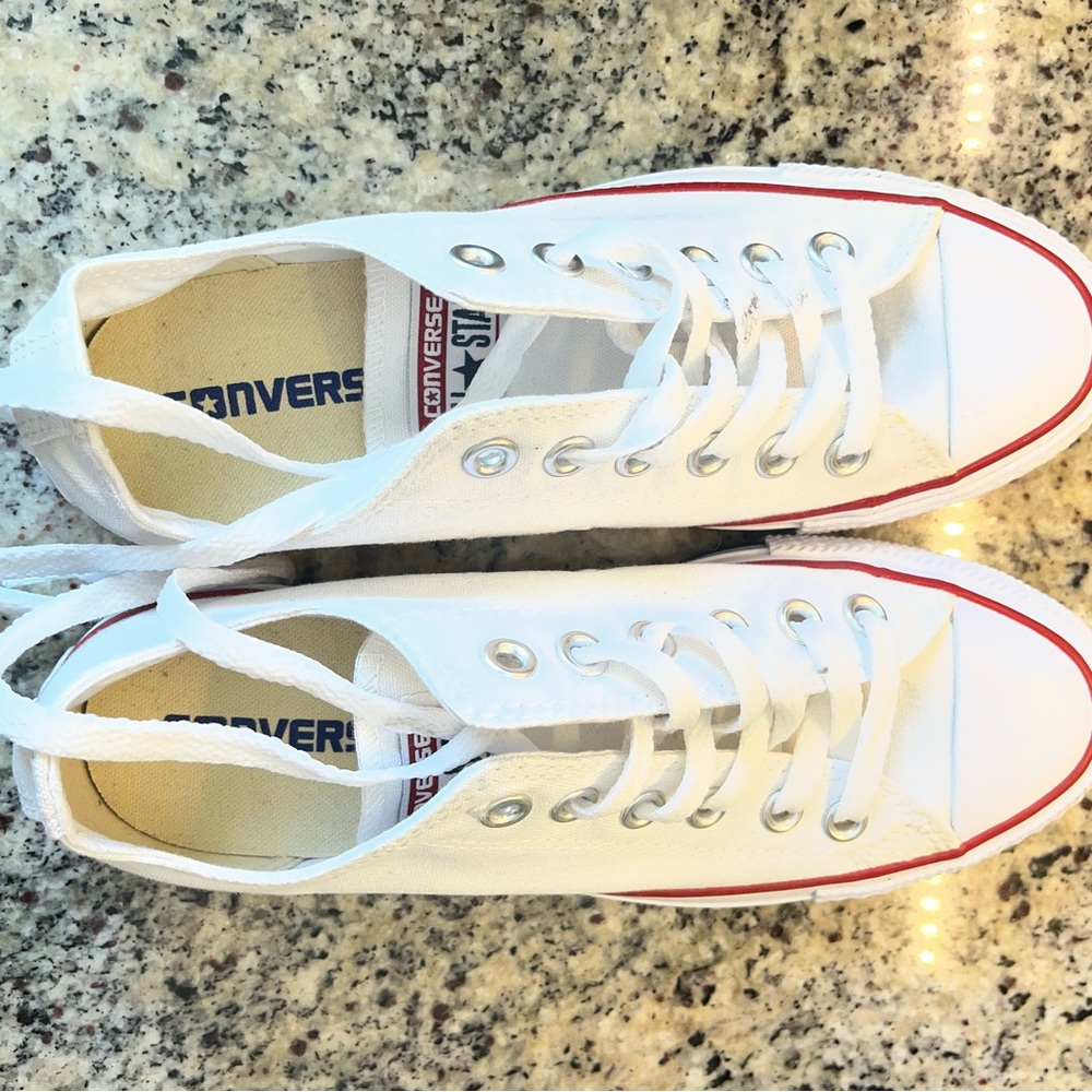 Converse White Canvas Low Top Sneakers with Red and Blue Logo